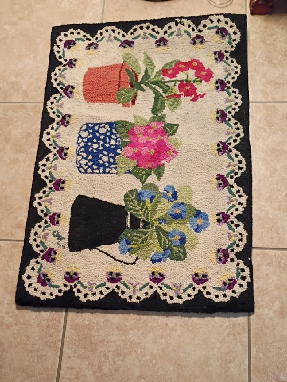 Hooked Floral Potted Plants Accent Door Mat - Cream, Black, Pink, Blue, Green